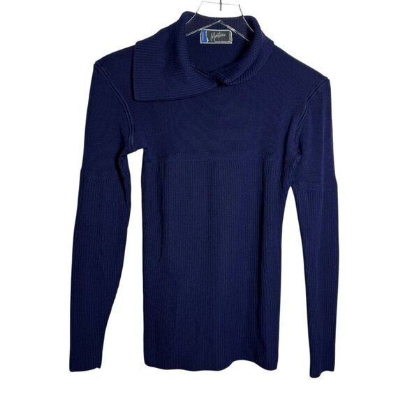 Vintage 80s Claude Montana womens sweater size Small navy blue asymmetric collar - Picture 1 of 7